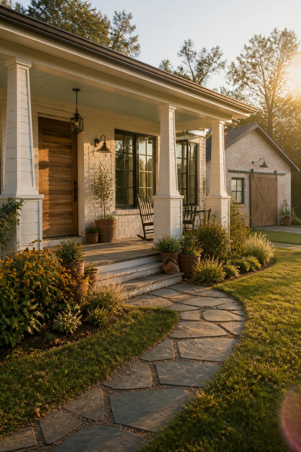 Stone path leads to white brick house porch with potted plants at sunset.