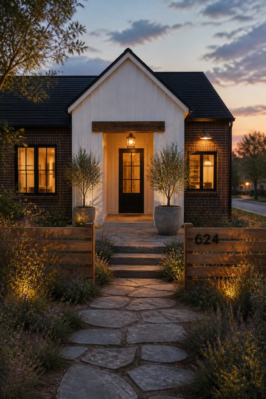 Front view of a single-story brick farmhouse with a central white gabled entry, black door, stone pathway, and two large potted plants flanking the steps at dusk.