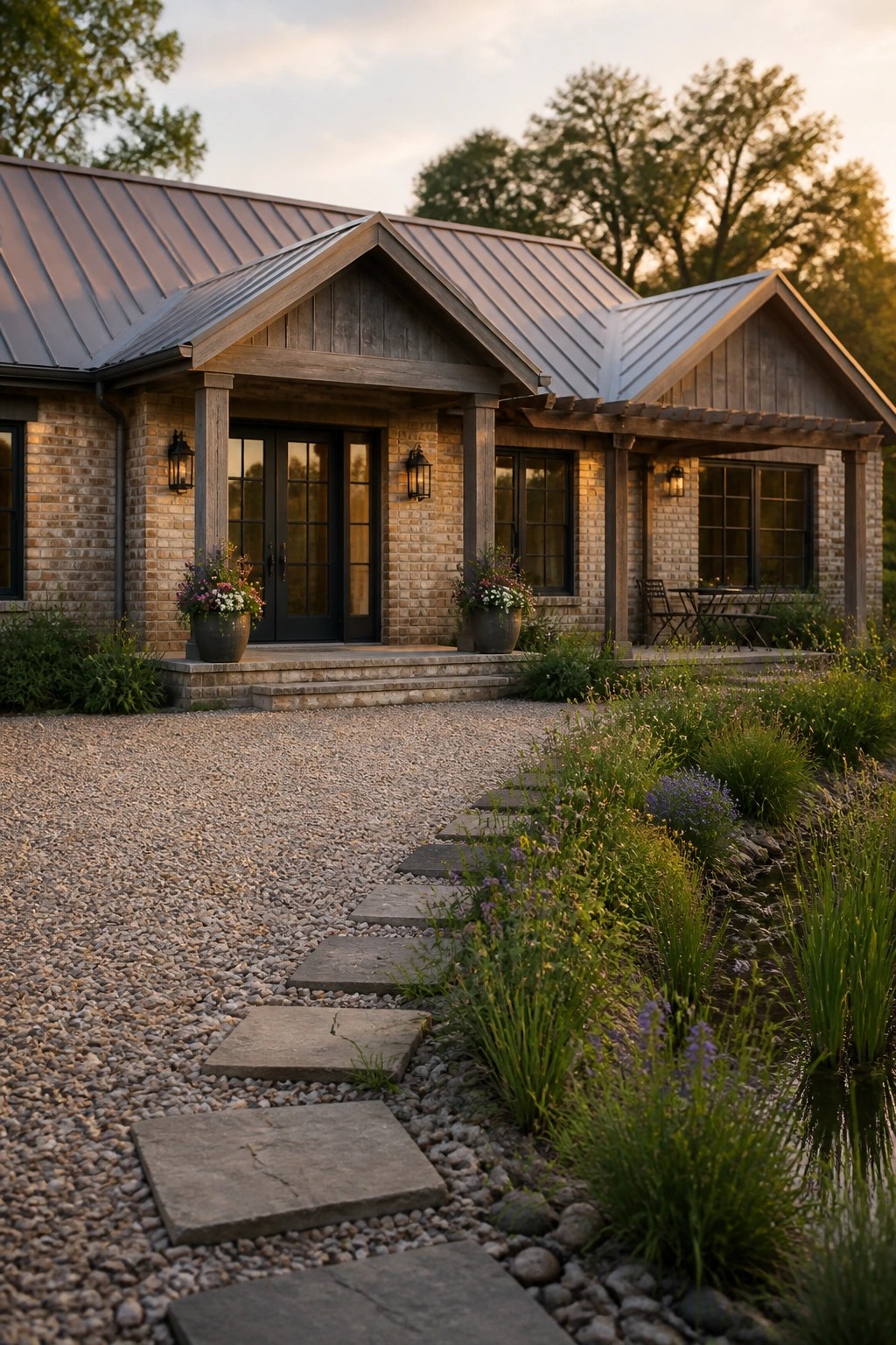 A single-story brick ranch house with a central gabled entry porch, black double doors, lanterns, and stone steps leading from a gravel path.