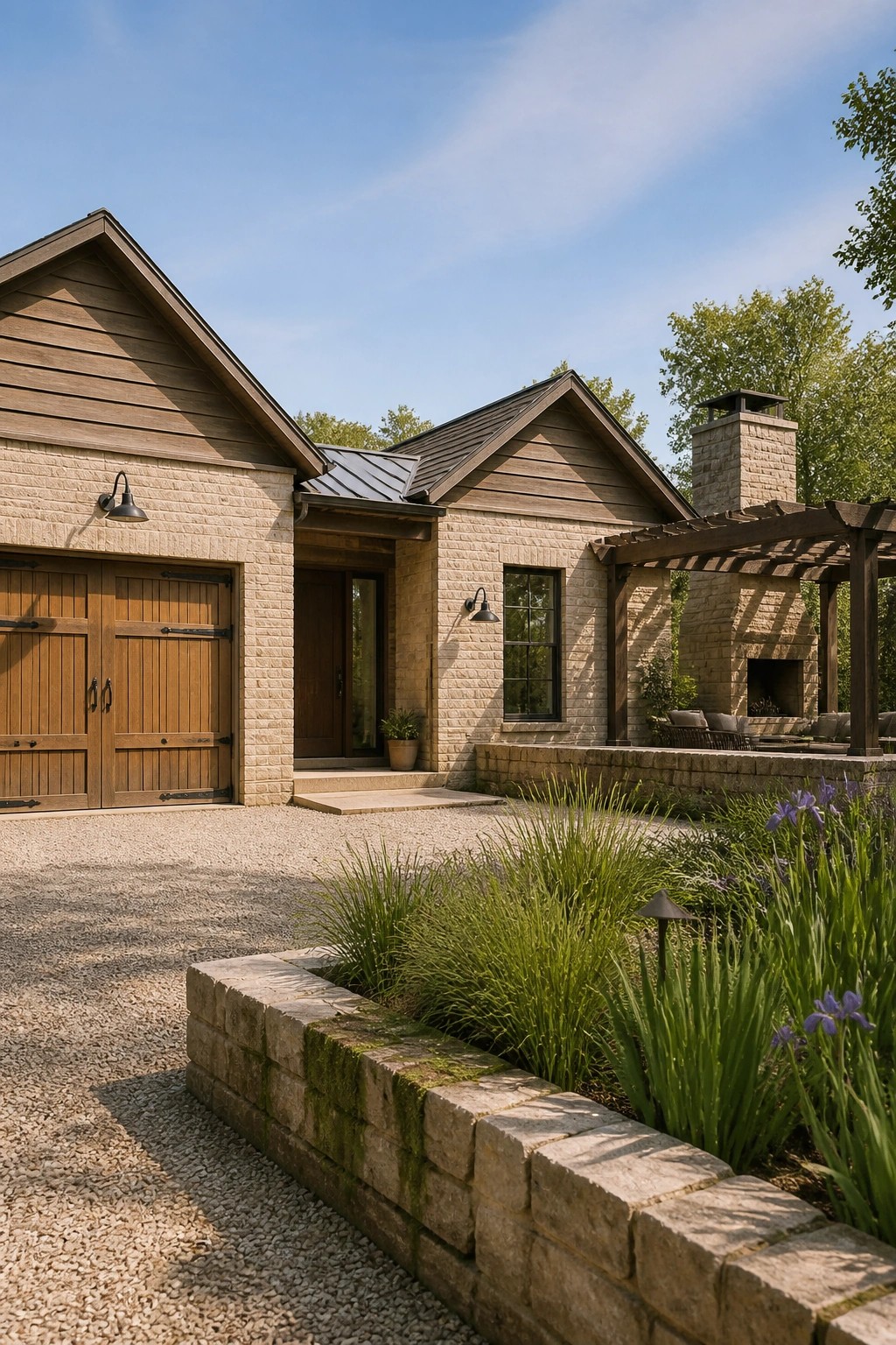 A single-story brick ranch farmhouse with wooden garage doors, a dark metal roof, a stone chimney, and an attached wooden pergola over an outdoor fireplace area.