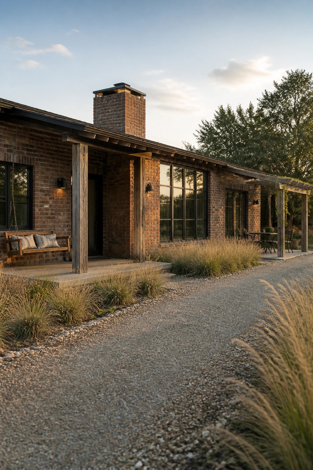 A single-story red brick ranch house with wooden porch supports, black-framed windows, a gravel driveway, and ornamental grasses along the front.