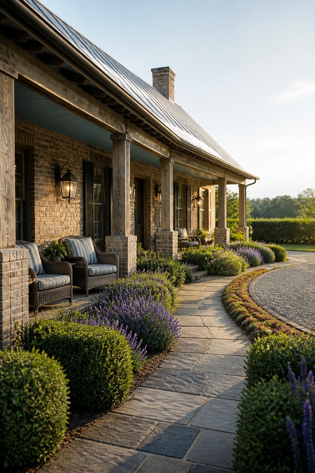 A brick ranch house with a long covered porch held up by wooden columns on brick piers, a metal roof, and a stone pathway bordered by shrubs.