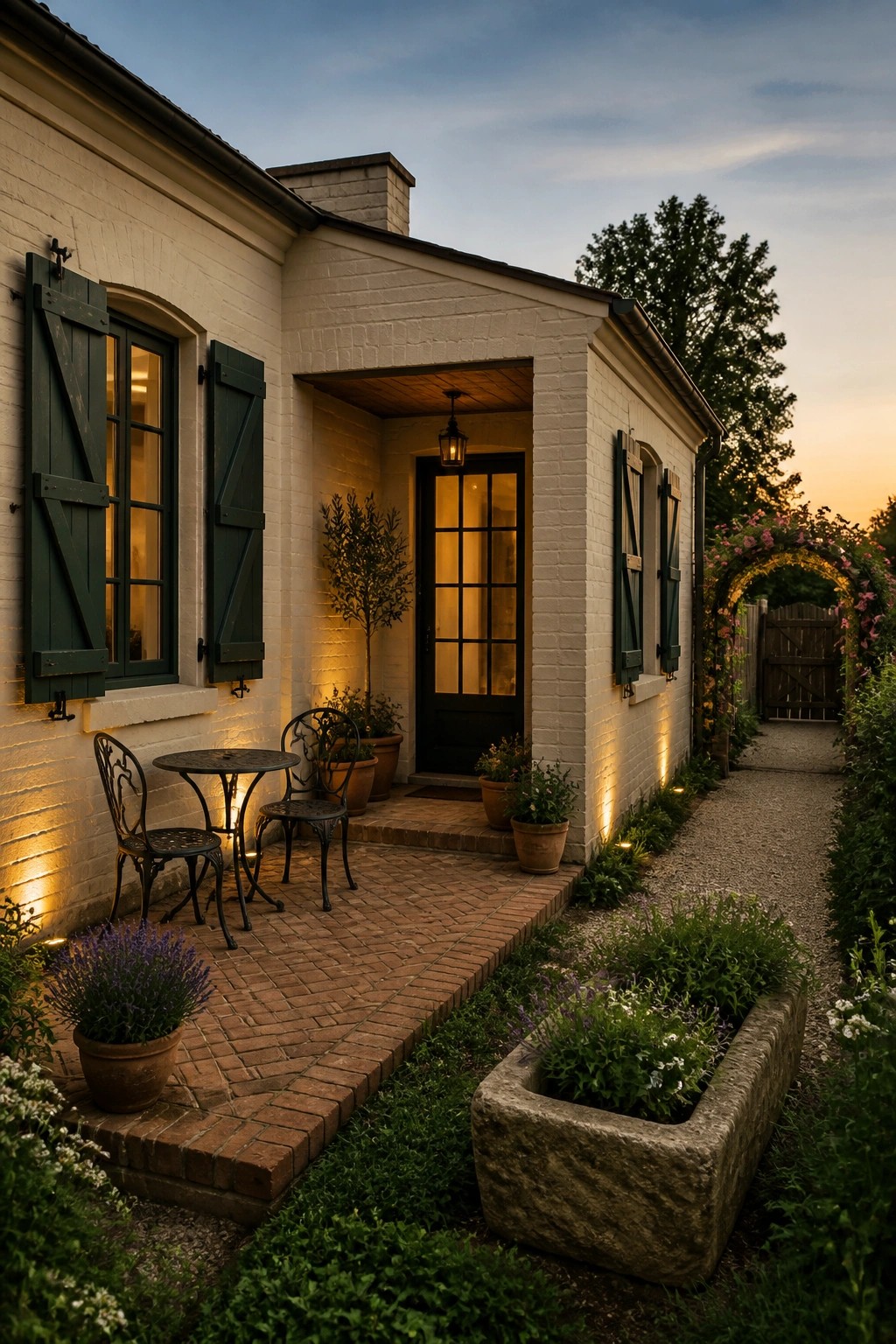 White brick cottage with green shutters, brick patio, bistro set, and garden path at dusk
