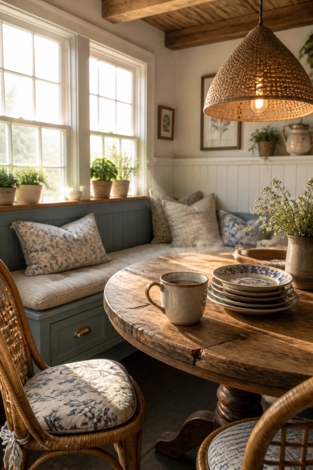 A round wooden table with a ceramic mug and stacked plates sits in front of a built-in bench painted soft blue gray, flanked by two large windows and wicker chairs.