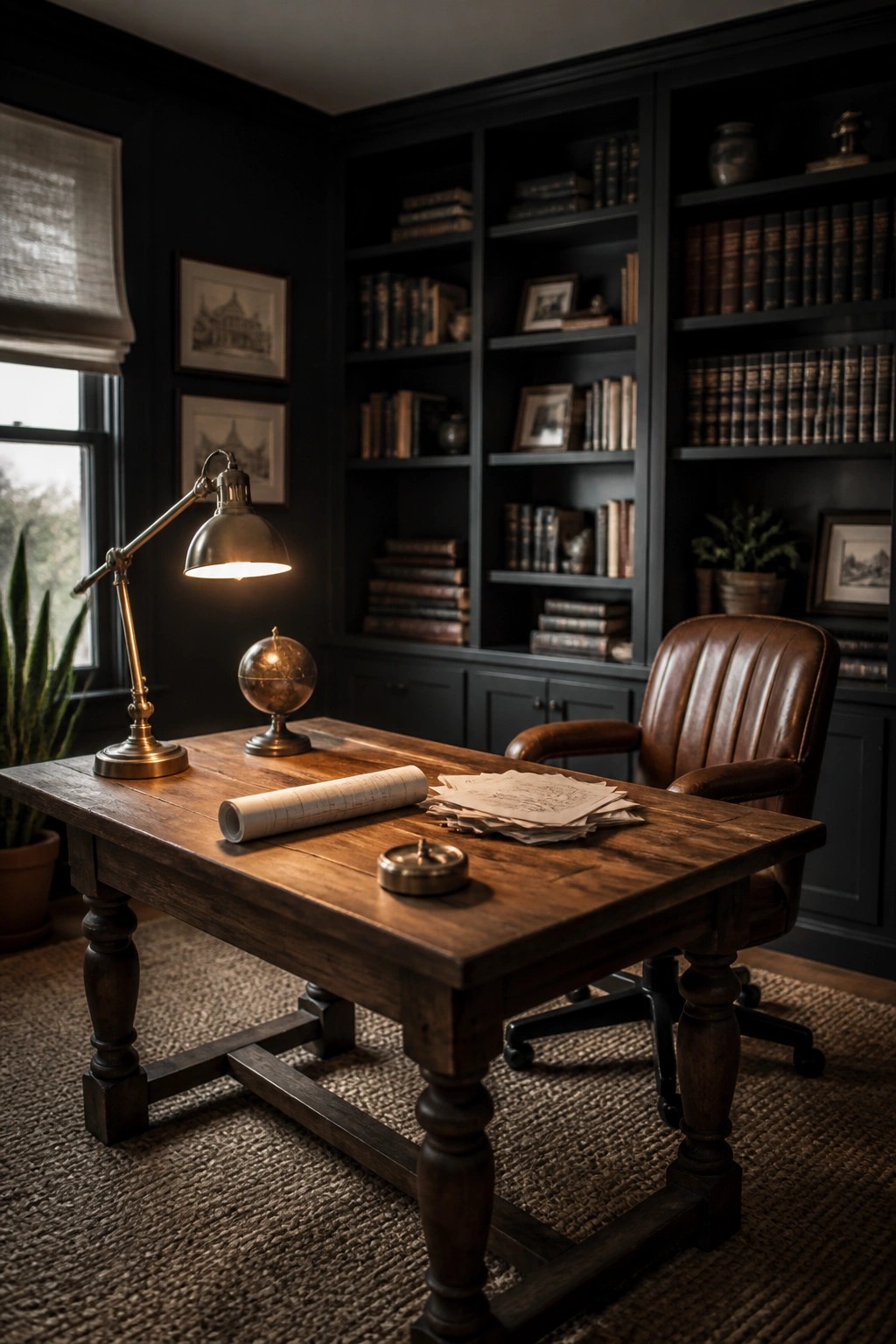 A home office with dark painted walls, a large wooden desk, brown leather chair, and built-in bookshelves.