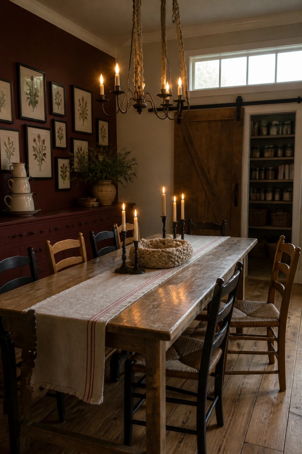 A rustic dining room features a long wooden table with a linen runner, lit candles in black holders, mixed wooden and black chairs, and a deep red wall displaying framed botanical prints.