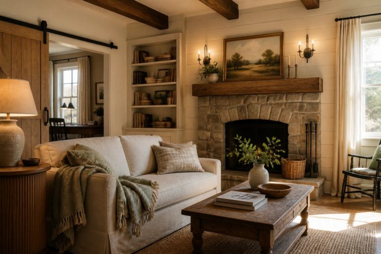 20 Rustic Farmhouse Paint Colors That Create a Cozy Whole-Home Look A living room with white shiplap walls, a stone fireplace, a light sofa, and a wooden coffee table on a woven rug.