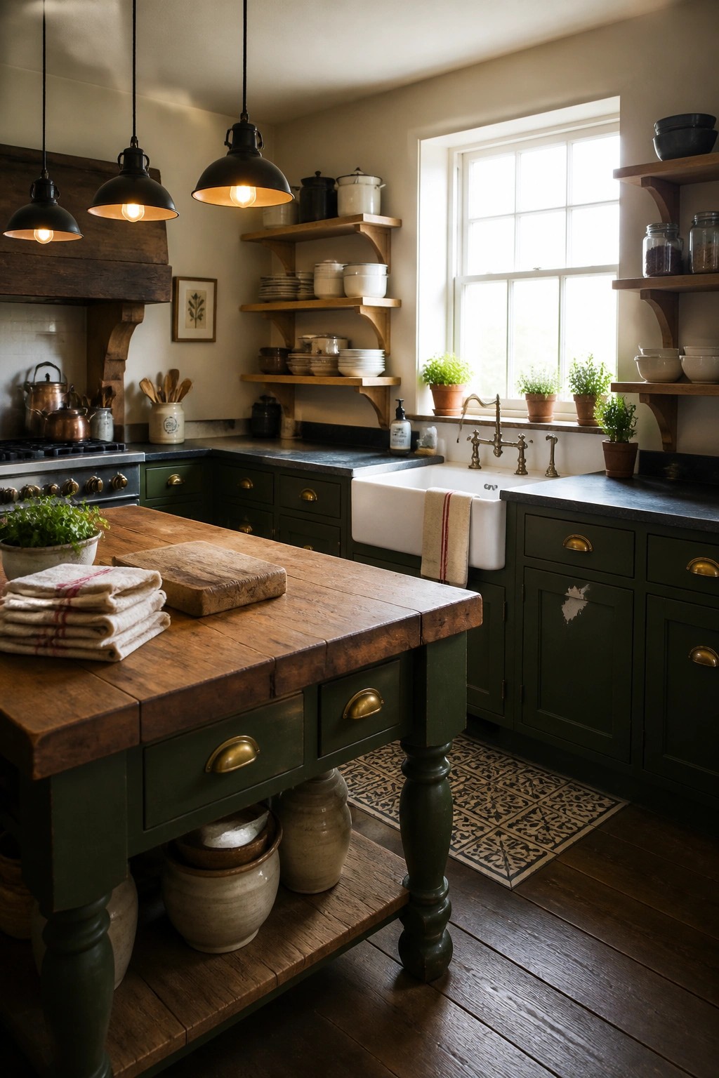 A rustic kitchen with dark green cabinets, a wooden island, open wood shelves, and a white farmhouse sink beneath a window.