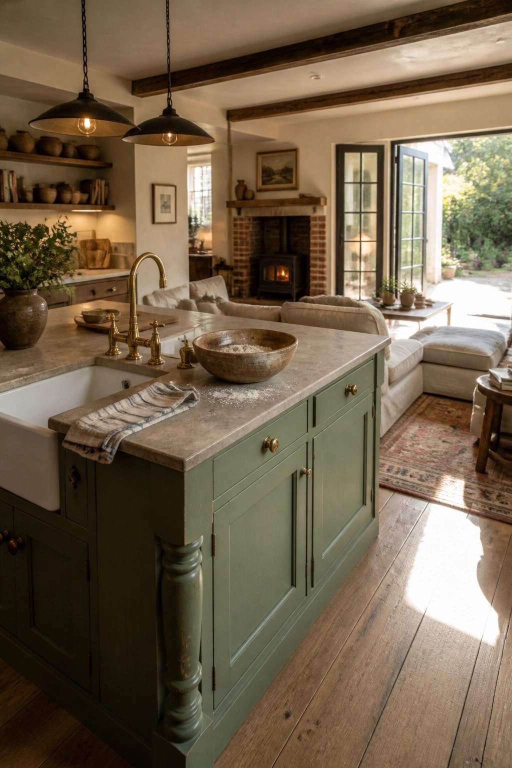 A kitchen interior showing a green painted island with a white farmhouse sink, brass faucet, and concrete countertop, opening to a living area with a fireplace and sofa.