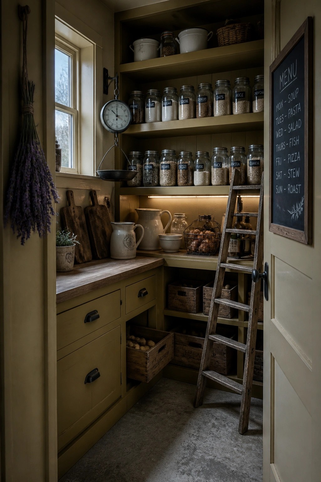 A rustic pantry interior with olive green cabinetry, wooden open shelves holding labeled glass jars, a wooden ladder leaning against the shelves, and a chalkboard menu on the door.