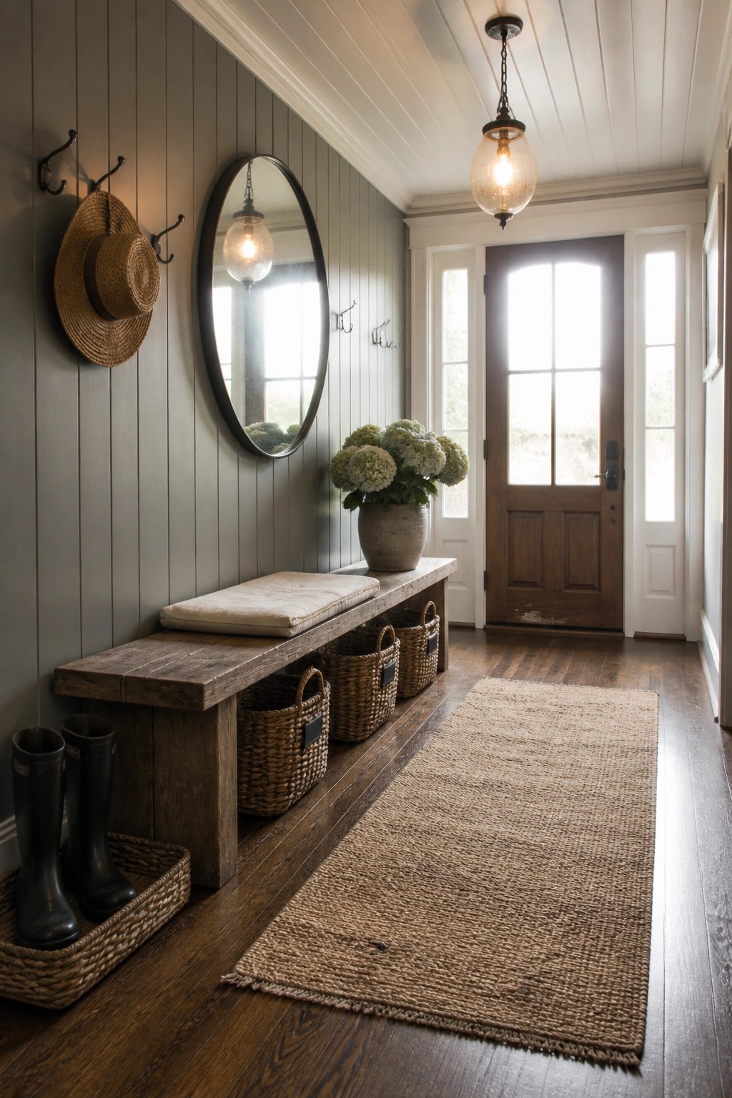 A narrow entry hallway with gray-green vertical paneling, a wooden bench with cushion, woven baskets underneath, black rubber boots in a basket, a round mirror, and a wooden front door.