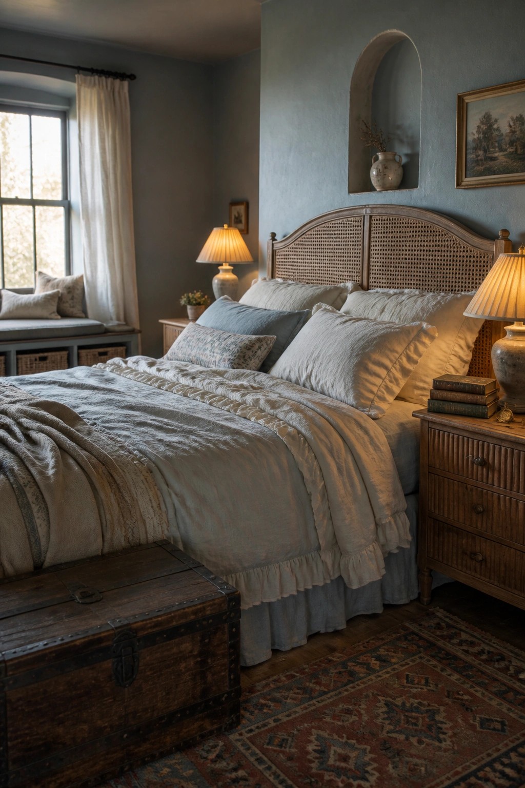 A bedroom with soft blue gray walls, a wooden bed with white and blue bedding, a wooden nightstand, and a chest at the foot of the bed.
