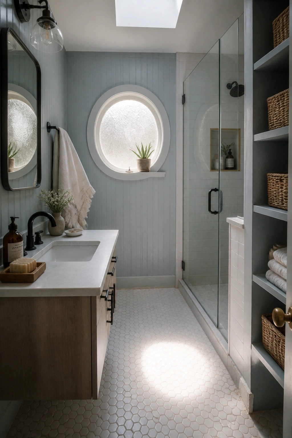 A bathroom with light blue-gray vertical shiplap walls, a white marble vanity, black hardware, a glass shower enclosure, and a round window above a tiled floor.