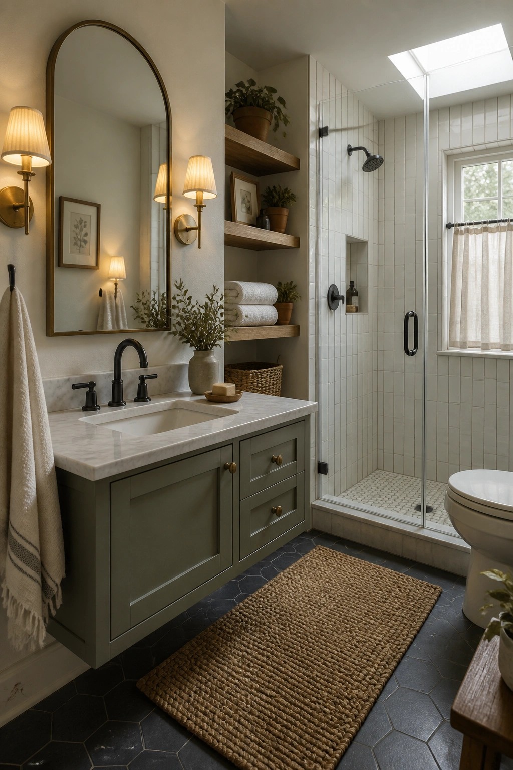 Modern bathroom with green vanity, marble sink, arched mirror, and tiled shower.