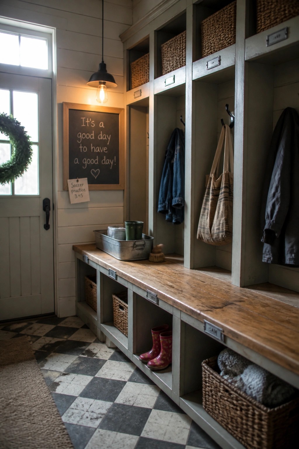 Rustic mudroom with gray cubbies, wooden bench, pink boots, jackets, and chalkboard sign.
