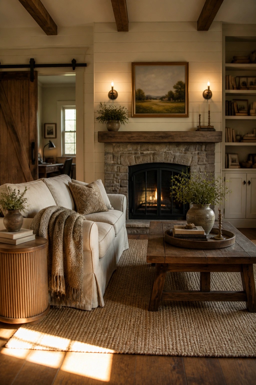 A living room with white shiplap walls, a stone fireplace, a light sofa, and a wooden coffee table on a woven rug.