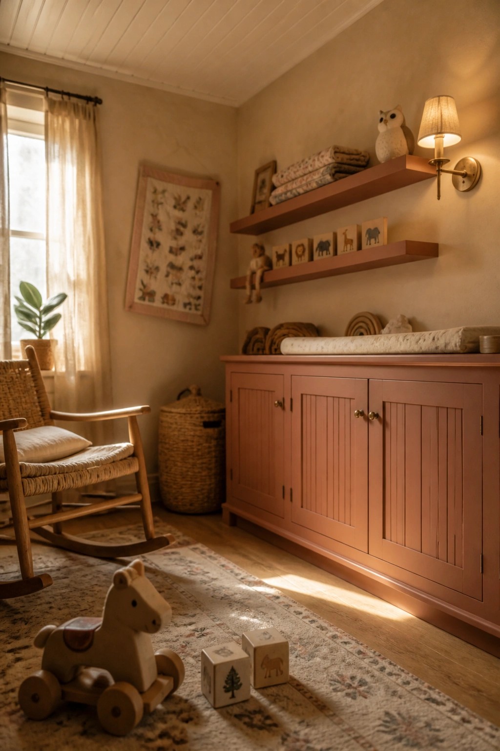 A nursery interior with a terracotta painted dresser and floating shelves, a wooden rocking chair, and a toy horse on a rug.