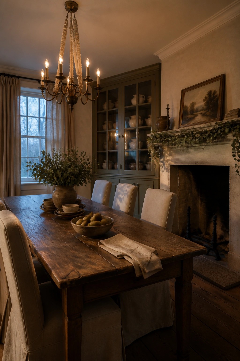 A rustic dining room with a long wooden table, upholstered chairs, a green glass-front cabinet, and a fireplace with a painting above the mantel.