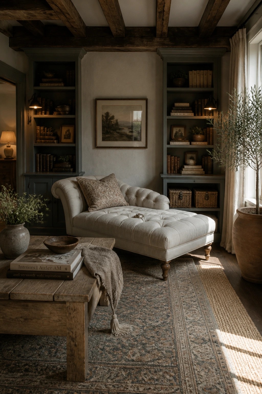 A living room with built-in bookshelves painted in a soft gray-blue flanking a light tufted chaise lounge, books and small decor items arranged on the shelves.