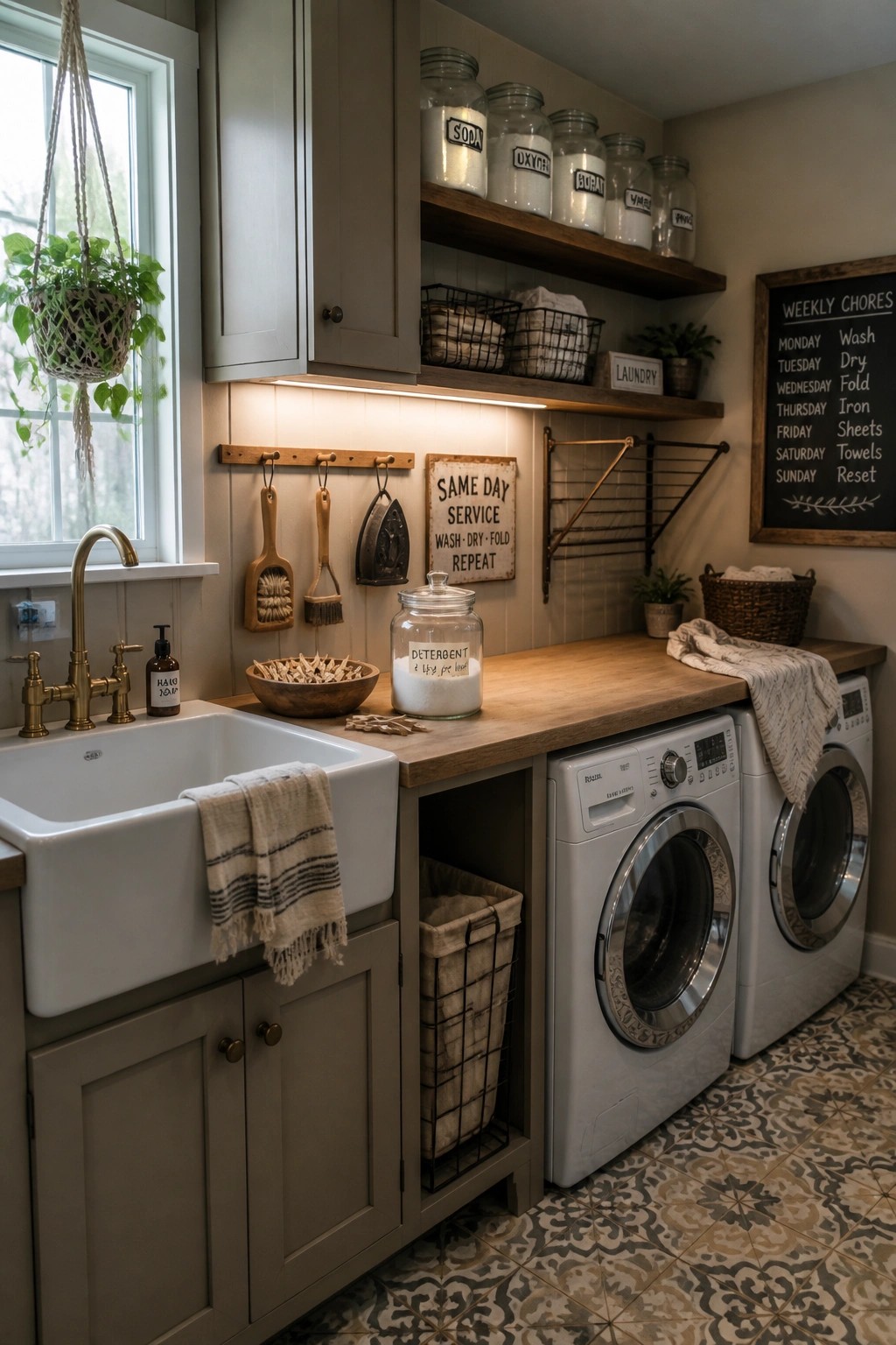 A rustic farmhouse laundry room with soft gray cabinets, a white farmhouse sink, wooden countertop, and white front-loading washer and dryer on patterned tile flooring.