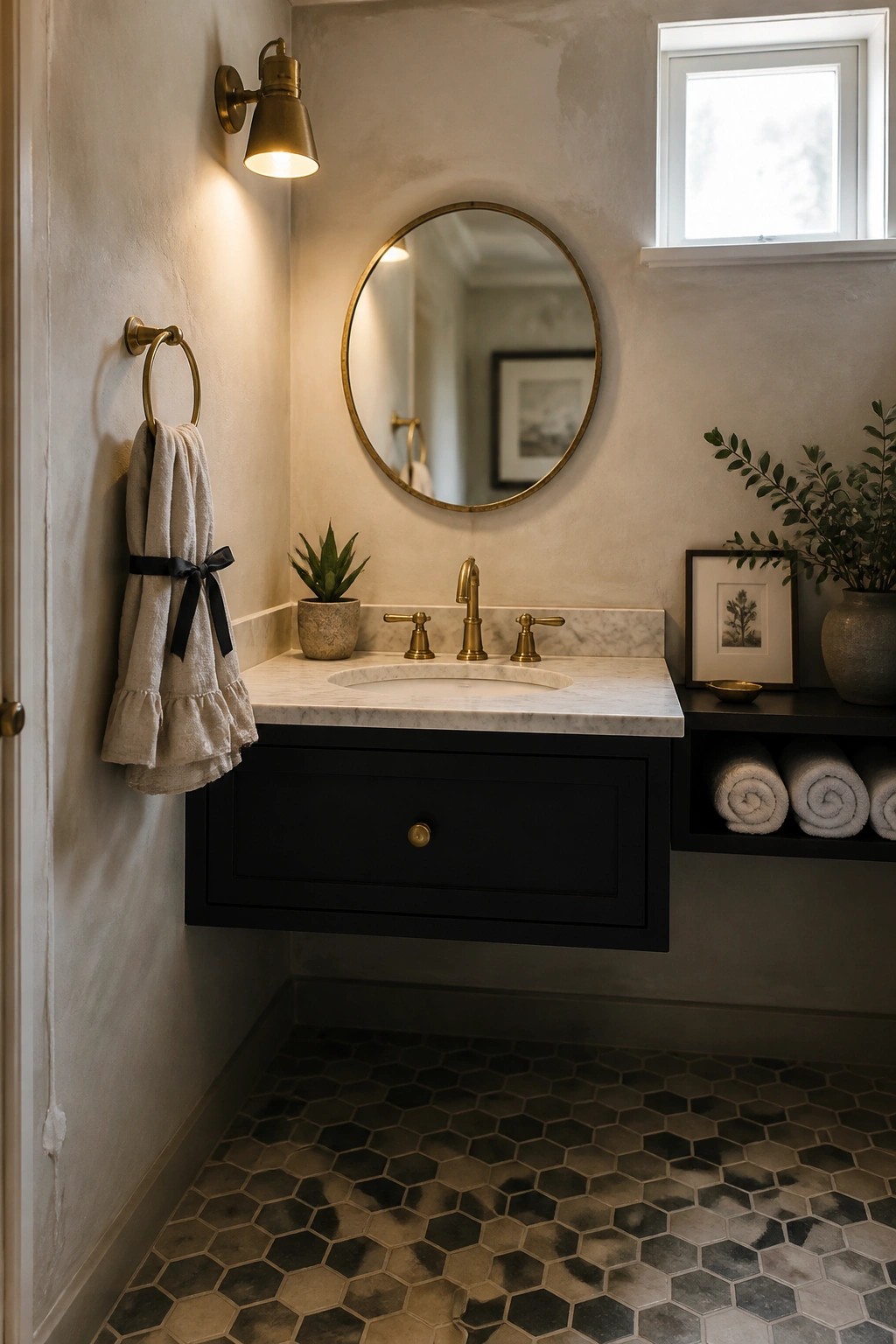 A bathroom with textured warm neutral walls, a black floating vanity, round brass mirror, marble countertop, and hexagonal floor tiles.
