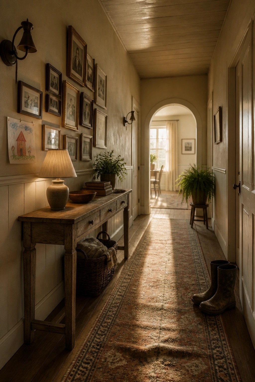 A long rustic hallway with warm beige walls, white wainscoting, a wooden console table with a lamp, a gallery wall of framed photos, and a patterned runner rug.