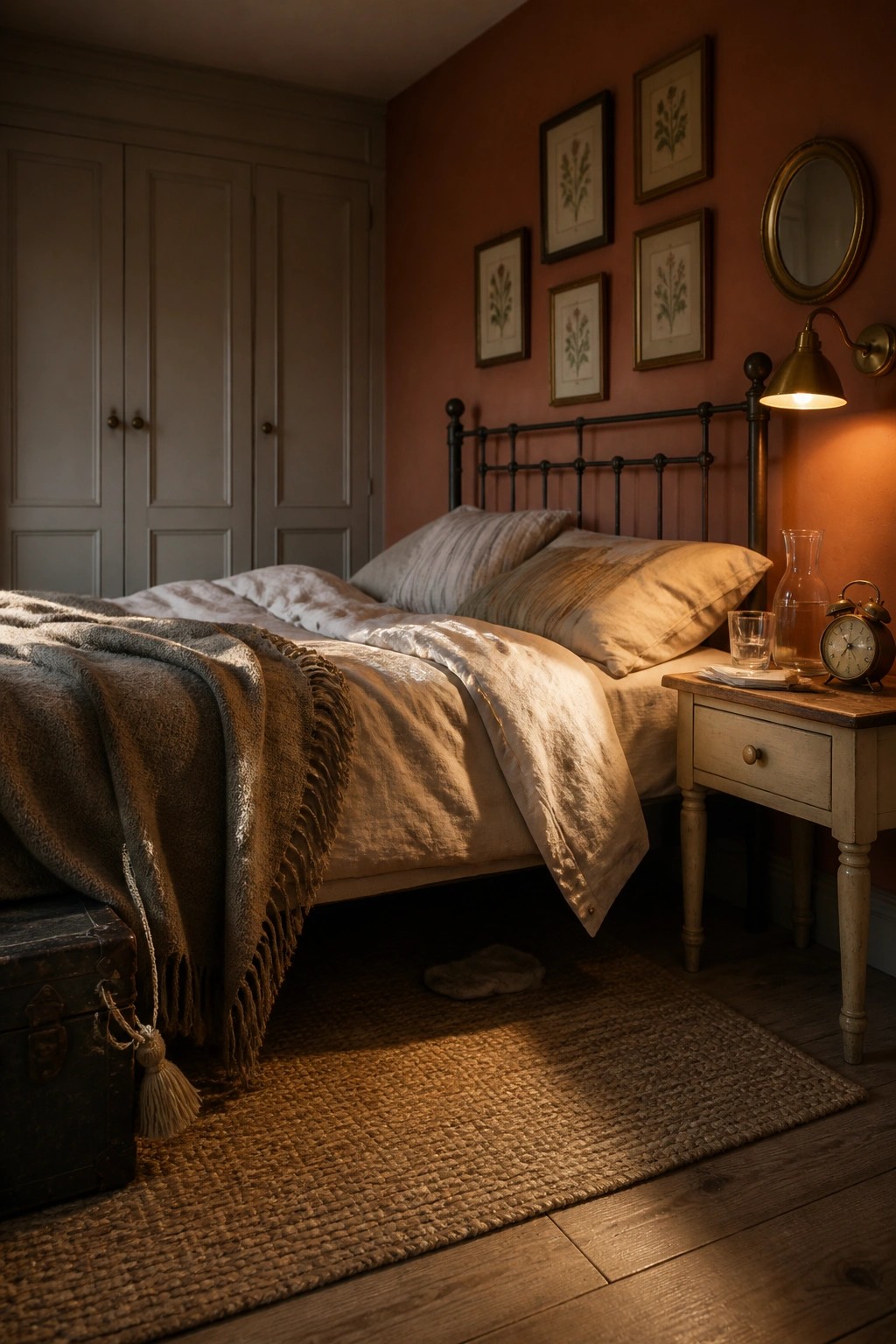 A bedroom interior with terracotta painted walls, a bed with rumpled neutral linens, a black metal headboard, framed botanical prints, and a wooden nightstand holding an alarm clock and glass carafe.