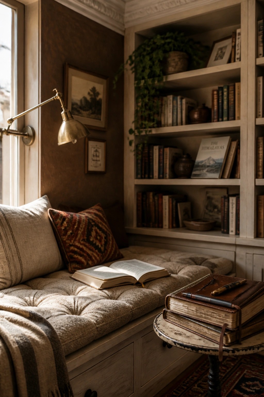 Cozy reading nook with open book on cushioned window seat beside bookshelf and brass lamp