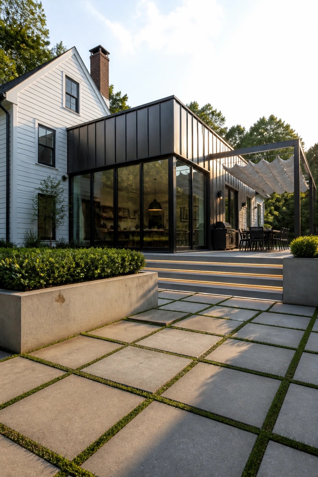 Contemporary farmhouse with a black metal addition, large glass windows, concrete steps with lighting, and a paved patio with grass joints leading to an outdoor dining setup under a pergola.