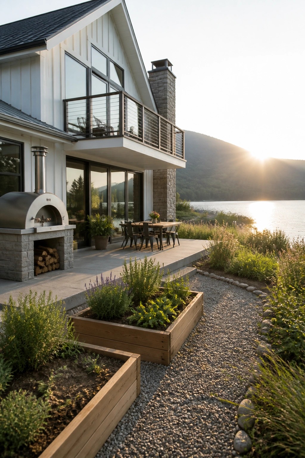 Modern farmhouse exterior with a stone-based outdoor pizza oven on a concrete patio, wooden dining table, and raised garden beds overlooking a lake.
