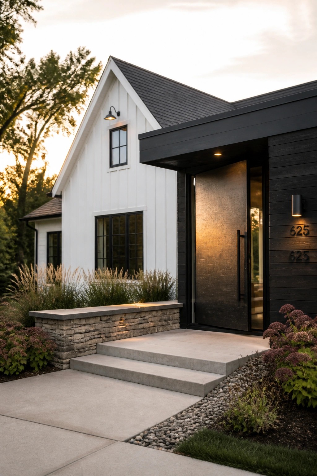 A white contemporary farmhouse with black trim, a dark front door, and concrete steps leading to the entrance.
