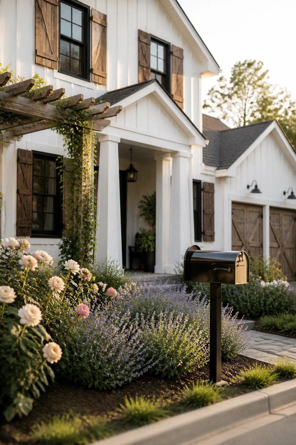 A white contemporary farmhouse exterior with dark shutters and windows, a black mailbox on a post, and front garden beds with white roses and purple flowers.