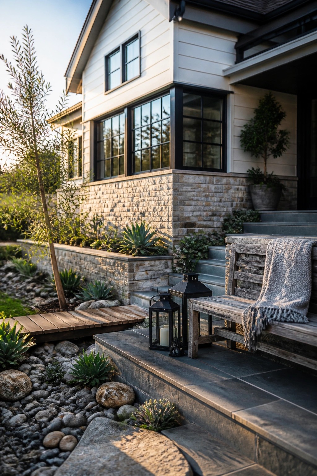 A contemporary farmhouse exterior featuring white horizontal siding over a stone foundation, black-framed windows, stone steps, and a wooden bench with lanterns beside planted beds and a rock garden.