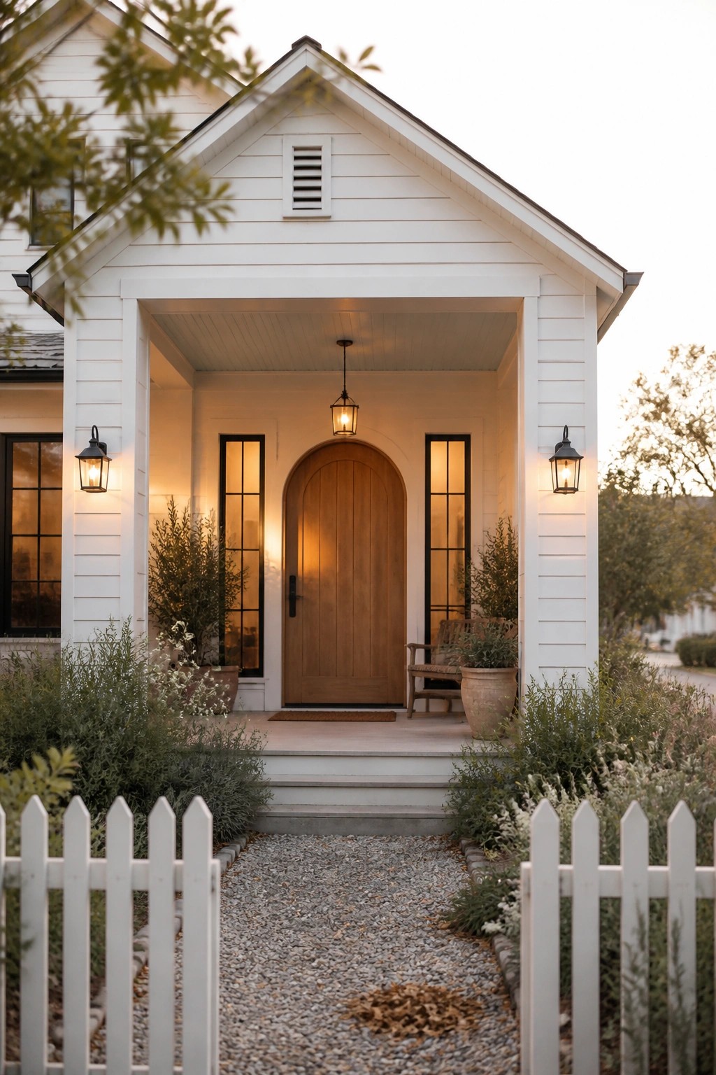 A white house with a gabled covered porch, wooden arched front door, hanging lantern, and wall sconces, viewed from a gravel path bordered by a white picket fence.