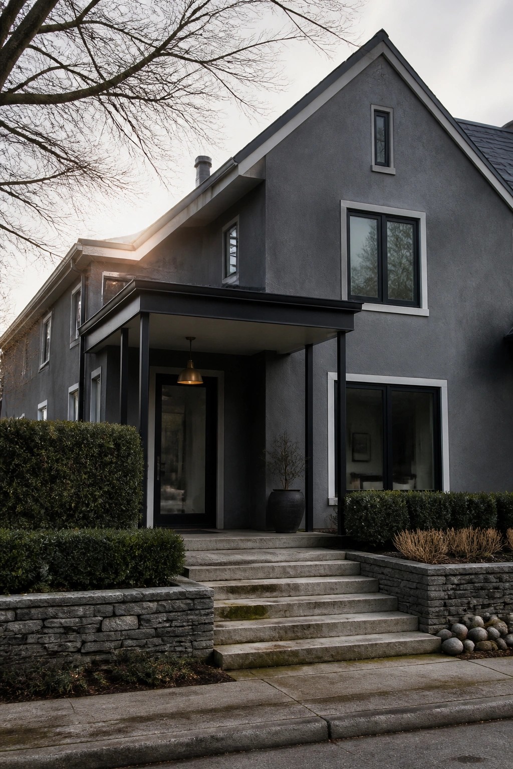 A gray two-story house with a dark modern entry porch, concrete steps, and black-framed windows.