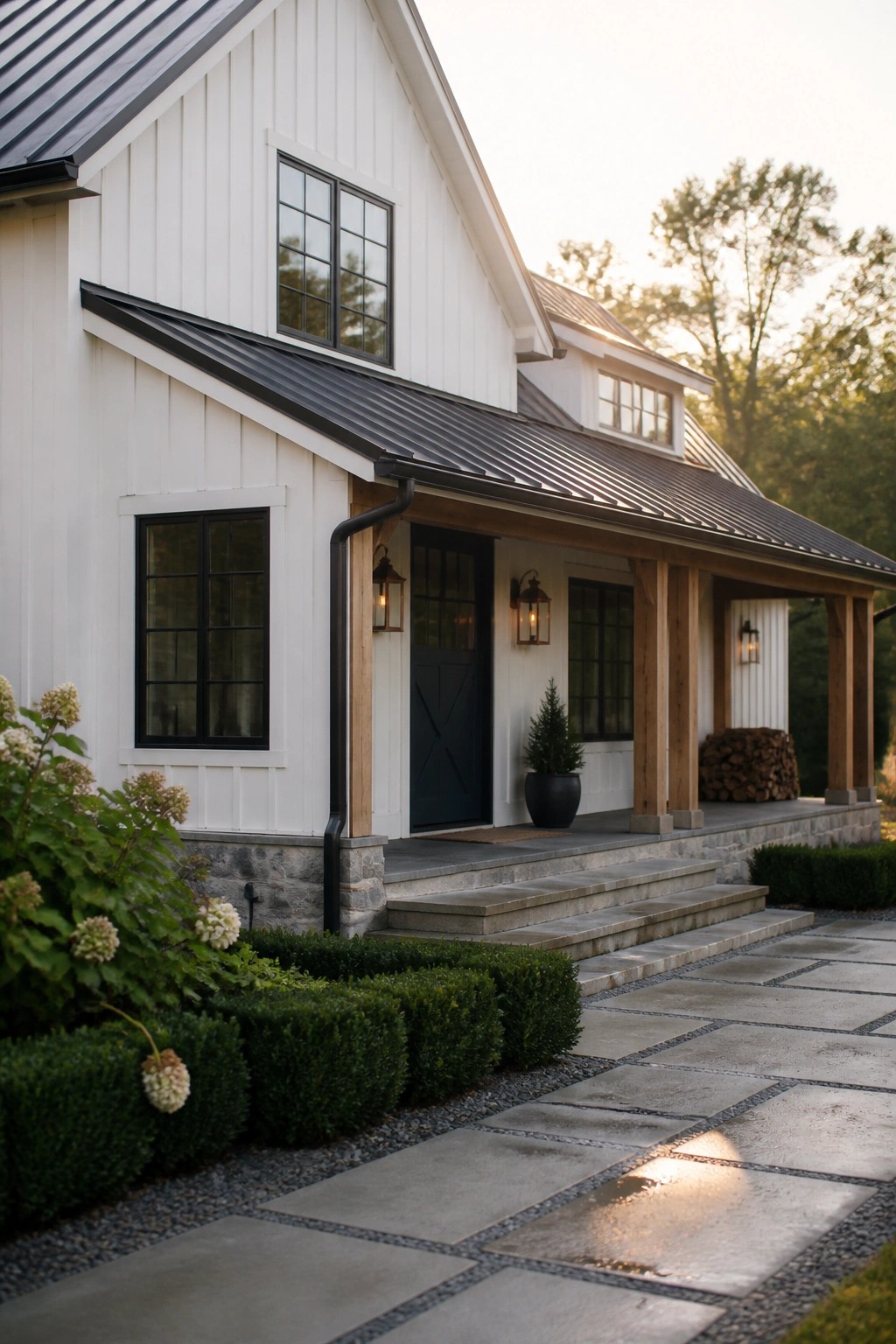 White farmhouse exterior with dark metal roof, black-framed windows and door, wooden porch supports, and stone foundation.