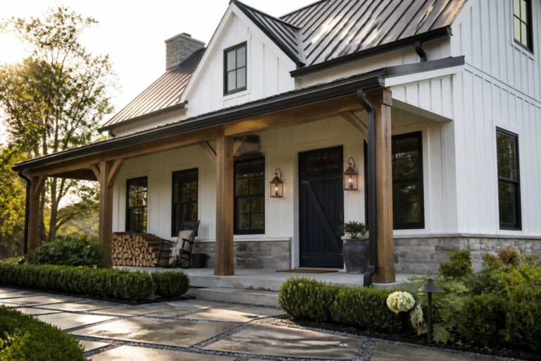 20 Stylish Contemporary Farmhouse Exterior Ideas for Modern Curb Appeal White farmhouse exterior with dark metal roof, black-framed windows and door, wooden porch supports, and stone foundation.