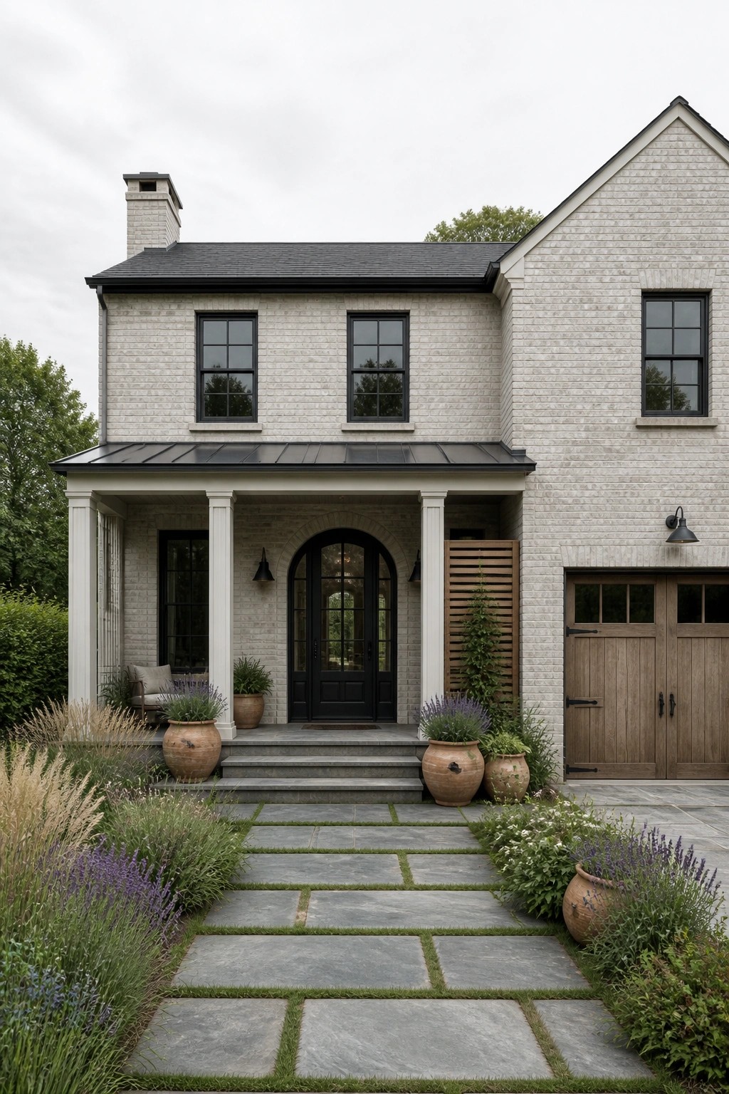 A two-story house with light brick and siding, a central black arched door under a white-columned porch, and a stone pathway leading to the front steps.