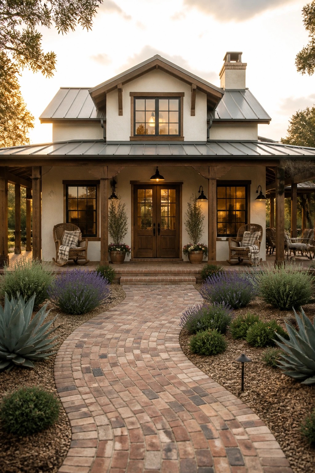 A white farmhouse exterior with a dark metal roof, wooden porch posts, centered double doors, and a curved brick walkway lined with lavender and agave plants.