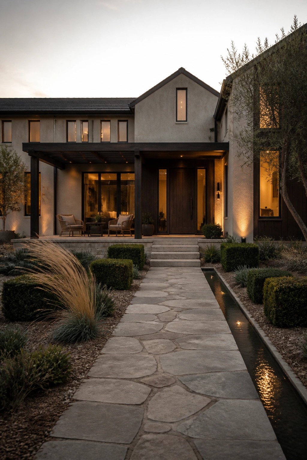 A contemporary farmhouse exterior at dusk featuring a wide stone pathway leading to dark wood double doors, with a narrow illuminated water channel running parallel to the path and low landscaping on both sides.