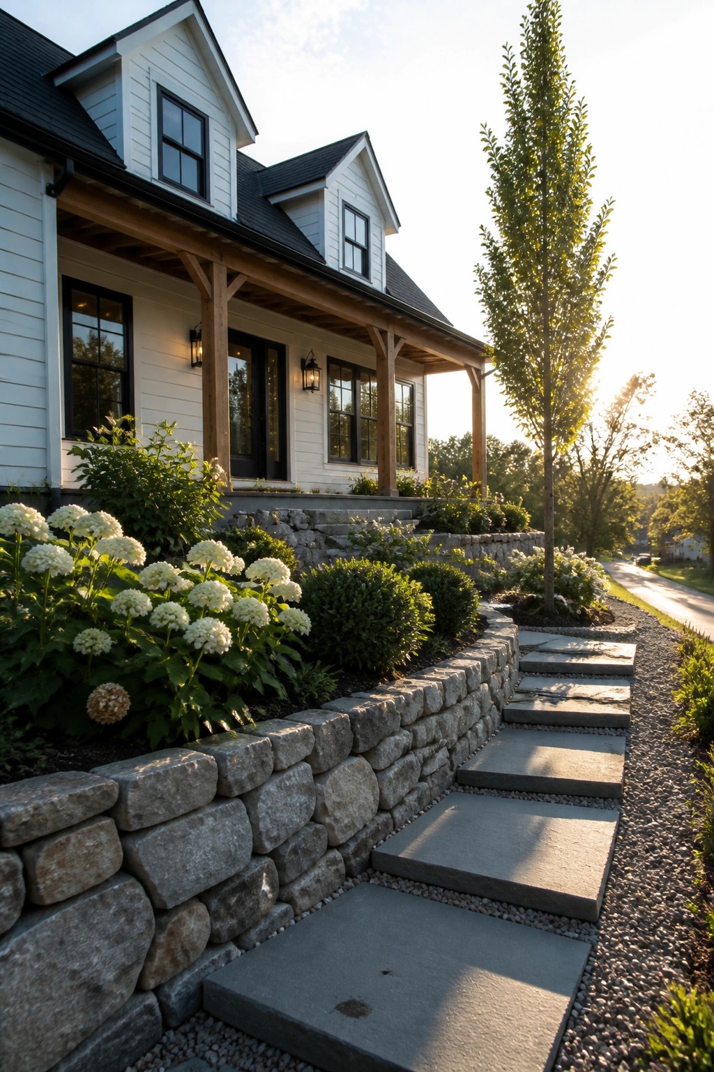 White farmhouse with stone retaining wall, white flowers, and stone steps at sunset