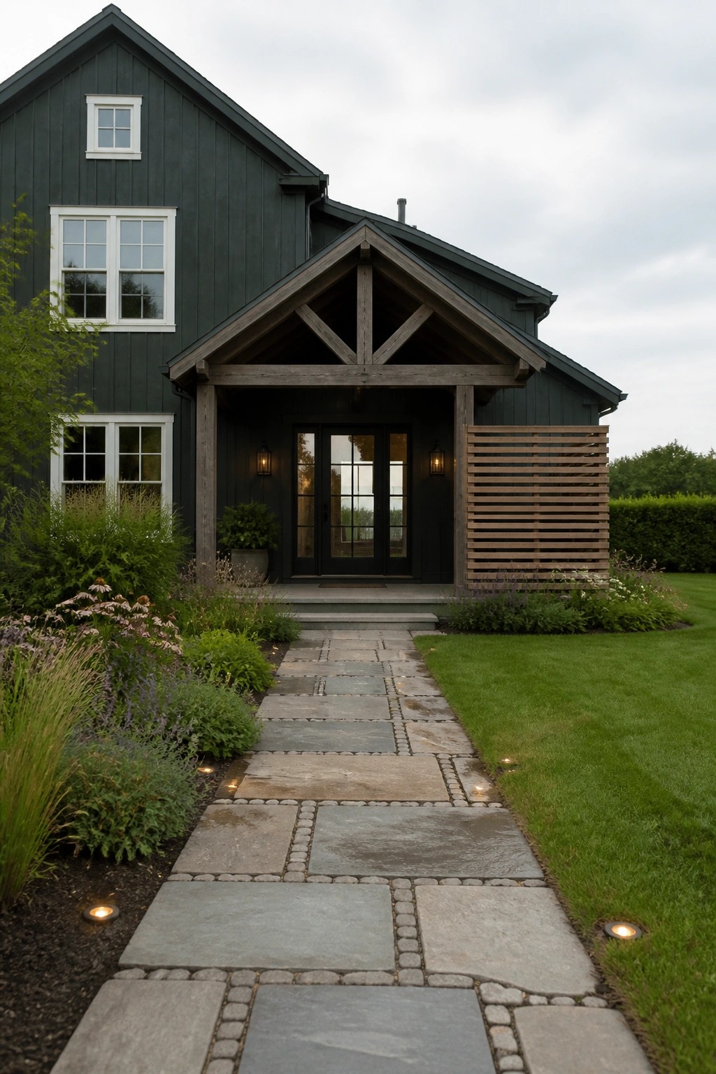 Front view of a dark green contemporary farmhouse with a large wooden gable structure above the double front doors and a stone pathway leading to the entrance.