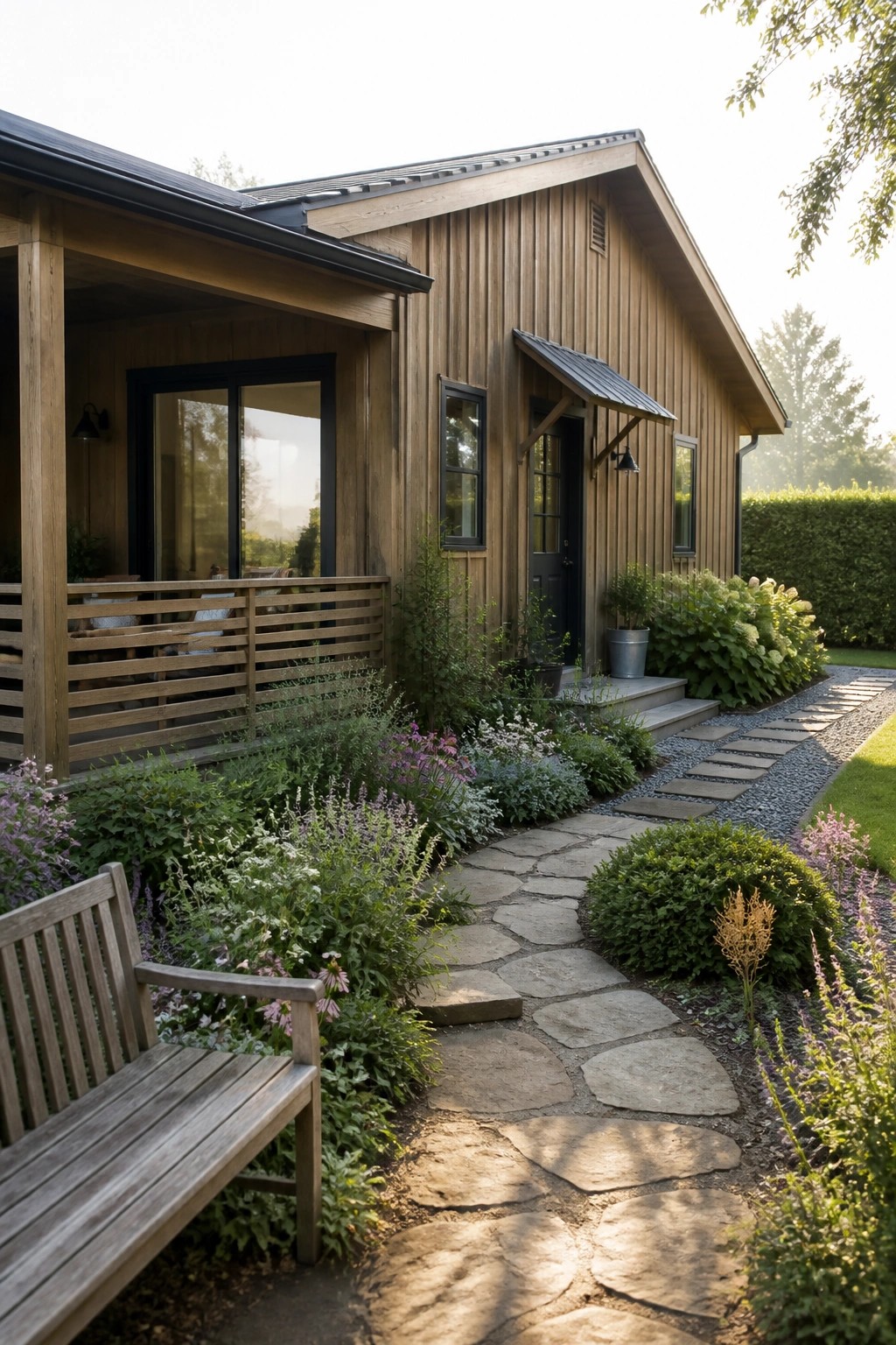 A wooden house with vertical siding, black door and window frames, a metal roof overhang, and a stone path running through a garden.