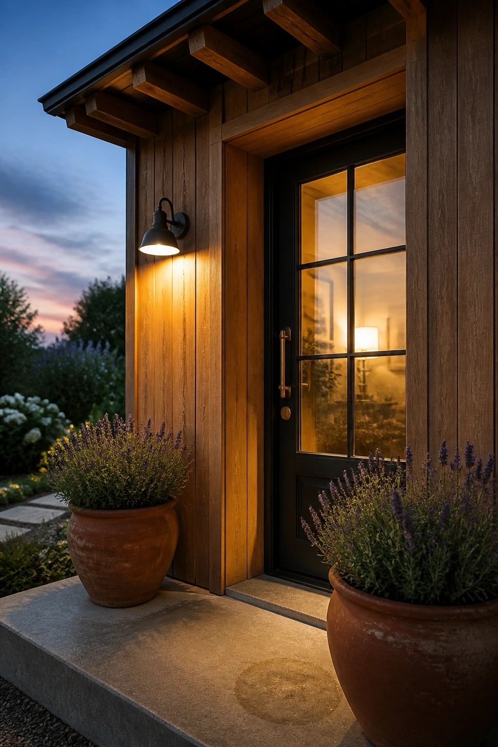 A close view of a wooden house exterior showing a black front door with glass panes, a lit black wall sconce on the siding, and two terracotta pots holding lavender plants on the concrete step.