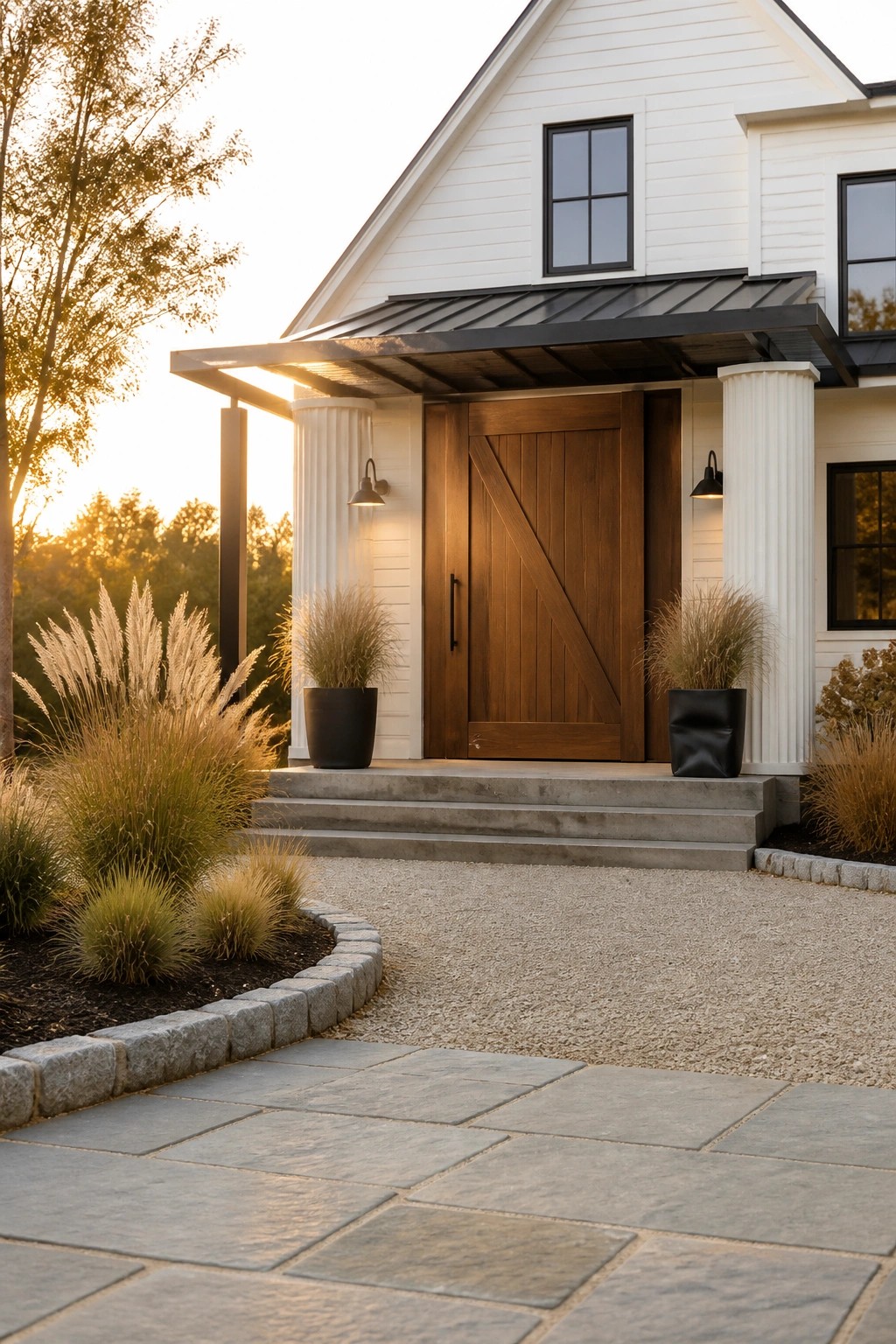 A white contemporary farmhouse with a large wooden front door under a black metal awning, flanked by white columns and potted grasses on concrete steps.