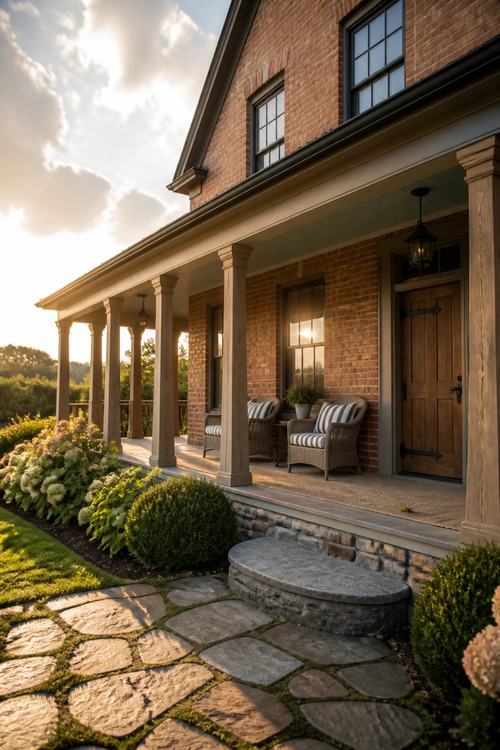 A red brick house with a wide covered porch supported by wooden columns, two wicker chairs on the porch, a wooden front door, stone steps, and a stone pathway leading to the entrance.