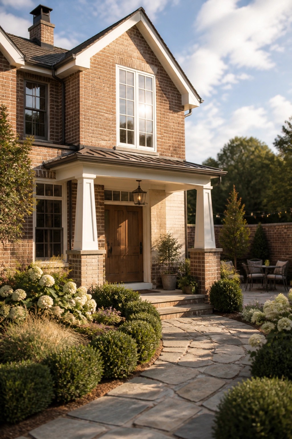 A two-story brick house with a gabled front porch supported by white columns on brick bases, a wooden door, and a stone pathway bordered by shrubs and flowers.