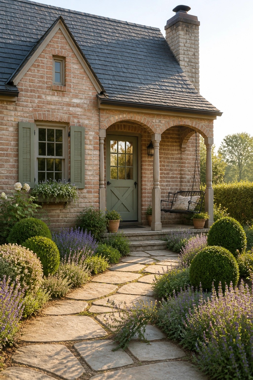 A brick farmhouse exterior with a green door set under brick arches on a covered porch, a hanging porch swing, and a stone pathway leading through garden beds.
