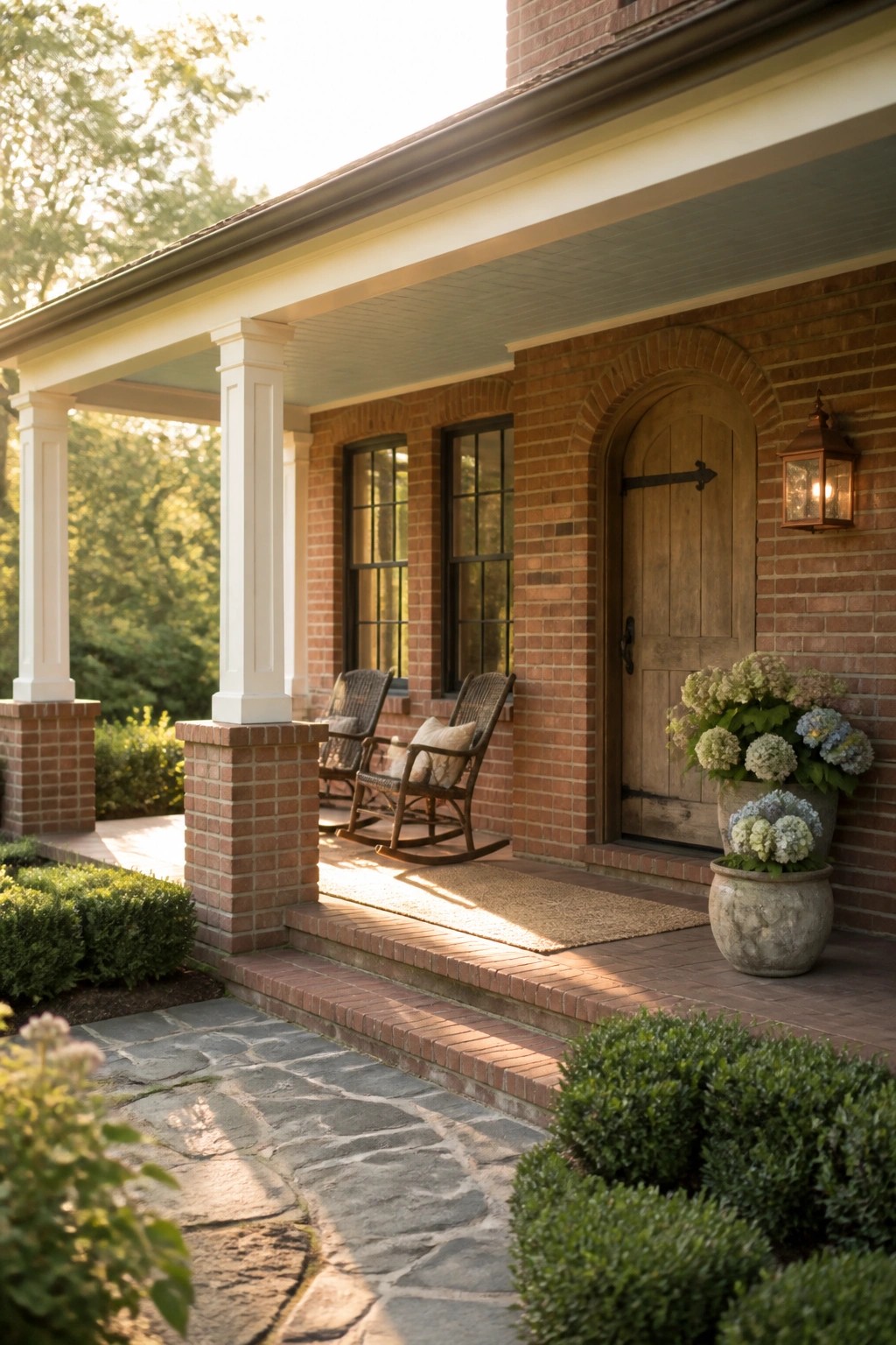A brick farmhouse front porch with two wooden rocking chairs, a wooden door under an arched brick opening, and large potted plants near the steps.