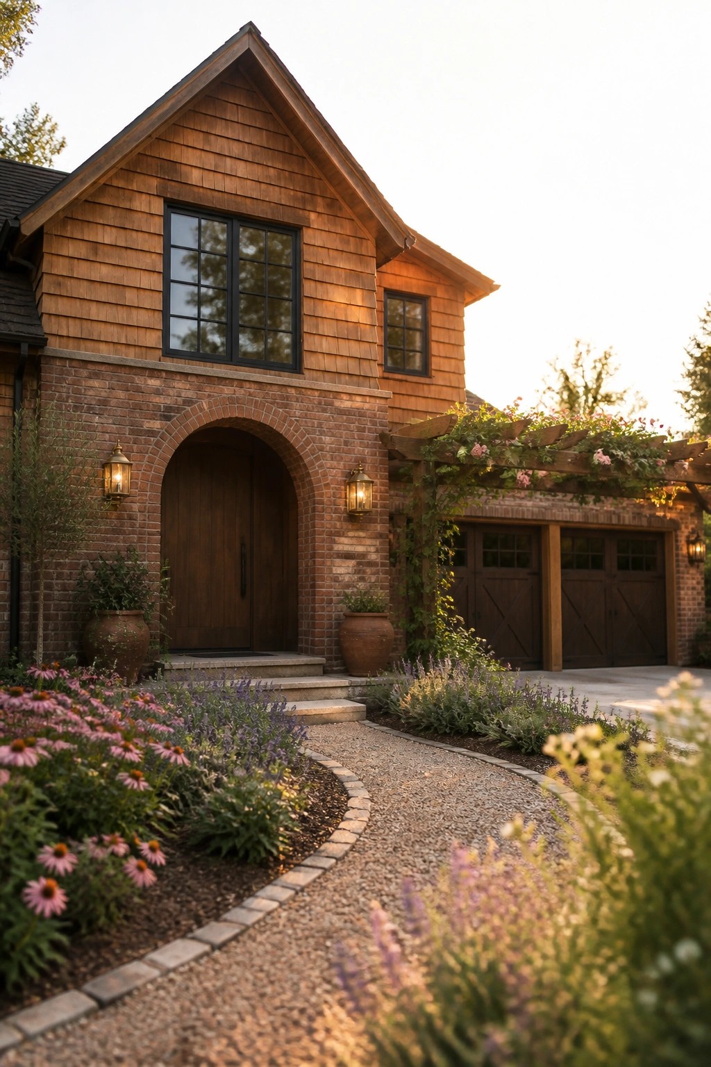 A two-story brick farmhouse with an arched wooden front door, black-framed windows, and gravel path leading to the entrance.